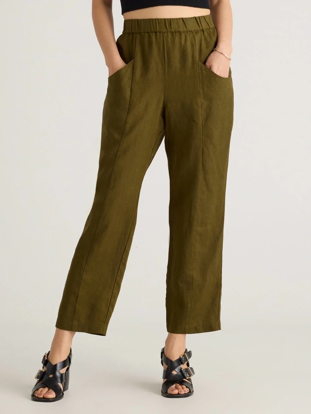 Quince 100% European Linen Tapered Ankle Pants in Martini Olive Color